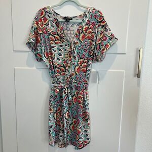 Stella‎ & Julie Women's 14W Floral Bright  Print Button Front Belted Dress NWT